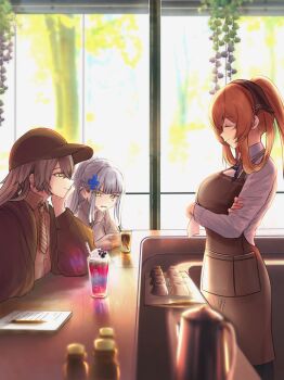 3girls alternate_costume apron bar_(place) baseball_cap blue_hair breasts brown_apron brown_eyes brown_hair brown_hat brown_jacket brown_necktie brown_ribbon brown_shirt closed_eyes closed_mouth coffee_pot crossed_arms cup e20_(79324944) feet_out_of_frame girls'_frontline girls'_frontline_2:_exilium green_eyes hair_ornament hair_ribbon hairclip hand_on_own_chin hat highres hk416_(girls'_frontline) jacket leva_(girls'_frontline_2) long_hair long_sleeves looking_at_another looking_at_viewer multiple_girls necktie notebook official_alternate_costume open_clothes open_jacket open_mouth orange_hair ponytail ribbon shirt sidelocks sitting smile springfield_(girls'_frontline) springfield_(girls'_frontline_2) standing ump45_(girls'_frontline) white_shirt window