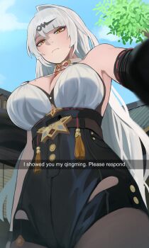 1girl bare_shoulders black_shorts blue_sky breasts cleavage commentary day from_below hair_ornament hairclip high-waist_shorts highres i_showed_you_my_dick_please_respond_(meme) jourd4n large_breasts long_hair looking_at_viewer meme mole mole_on_breast outdoors pantyhose shorts sky solo very_long_hair white_hair yellow_eyes yixuan_(zenless_zone_zero) zenless_zone_zero