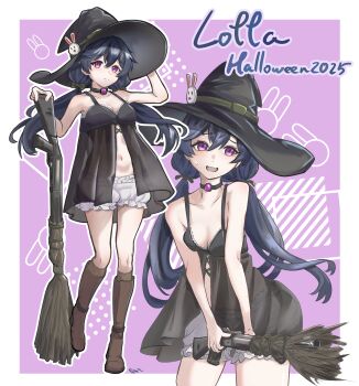 1girl babydoll bare_shoulders black_babydoll black_choker black_dress black_hair blue_hair boots breasts broom choker cleavage dress expressionless fang frown girls&#039;_frontline girls&#039;_frontline_2:_exilium gun hair_between_eyes halloween halloween_costume hat hat_ornament high_heel_boots high_heels highres holding holding_broom knee_boots long_hair looking_at_viewer lotan lotta_(girls&#039;_frontline_2) medium_breasts multiple_views navel nervous_smile purple_eyes rabbit_hat_ornament revealing_clothes shotgun small_breasts smile standing standing_on_one_leg stomach twintails v_arms very_long_hair weapon witch witch_hat