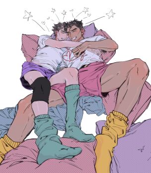 2boys absurdres arcane:_league_of_legends arcane_jayce brown_hair closed_eyes commentary_request cuddling green_socks grin heart highres hug jayce_(league_of_legends) killpop1208 knee_brace league_of_legends lying male_focus multiple_boys on_back pillow pink_shorts purple_shorts short_hair shorts smile socks star_(symbol) teeth thighs viktor_(arcane) viktor_(league_of_legends) white_background yaoi yellow_socks