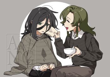 Rule 34 | 2girls, :d, absurdres, arm out of sleeve, bags under eyes, black hair, black pants, blank stare, brown pants, brown sweater, chuanzhoujikou, commentary request, drooling, exhausted, green eyes, green hair, hair between eyes, highres, ira grachevskaya, marina kaplan, medium hair, multiple girls, open mouth, pants, sad smile, smile, sweater, wiping another's face, wiping saliva, z.a.t.o. // i love the world and everything in it