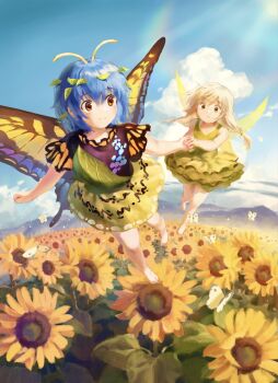 2girls absurdres antennae barefoot blonde_hair blue_hair blue_sky bug butterfly butterfly_wings character_request chinese_commentary closed_mouth cloud commentary_request day dress eternity_larva fairy fairy_wings field flower flower_field green_dress highres holding_hands insect insect_wings leaf leaf_on_head medium_hair mixed-language_commentary multicolored_dress multiple_girls satellitedragon sky sleeveless sleeveless_dress smile sunflower sunflower_field toes touhou wings yellow_eyes yellow_flower