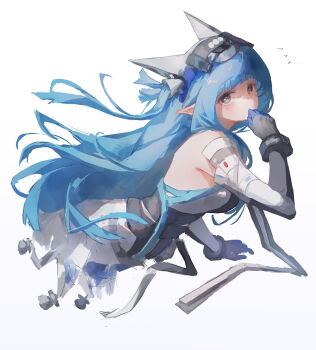 Rule 34 | 1girl, absurdres, arknights, arknights: endfield, bare shoulders, black bodysuit, blue bodysuit, blue hair, blush, bodysuit, commentary request, covering own mouth, cropped torso, grey eyes, hand up, highres, last rite (arknights), long hair, long sidelocks, looking at viewer, multicolored bodysuit, mumu millhayes, pointy ears, sidelocks, simple background, sleeveless, sleeveless bodysuit, white background, white bodysuit