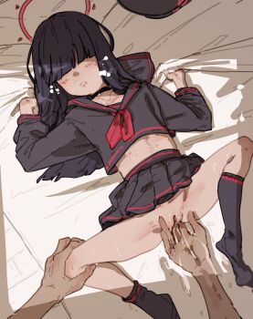 1boy 1girl black_hair blue_archive diathorn fingering halo highres justice_task_force_member_(blue_archive) loli lying on_back pussy pussy_juice uncensored