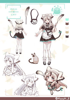 1girl :d ^_^ absurdres apron arm_cuffs back_bow bag bell black_dress black_footwear black_hair blue_eyes blush bow cat reference_sheet chibi closed_eyes closed_mouth color_guide detached_sleeves dot_nose dress duster feather_duster frilled_skirt frills full_body green_bow handbag highres kanahi_2 multicolored_hair multiple_views neck_bell open_mouth original paw_print pleated_skirt short_sleeves skirt smile standing streaked_hair tail tail_bow tail_ornament thighhighs tongue triangle twitter_username waist_apron white_apron white_bow white_hair white_thighhighs