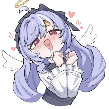 1girl ahoge angel_wings blush clenched_hands crying drill_hair drill_sidelocks drooling frilled_sleeves frills hair_between_eyes hairband half-closed_eyes halo head_tilt headband heart heart-shaped_pupils heart_in_mouth highres ketsu_juuji_killer_(kejuki) long_hair open_mouth pointy_ears purple_hair purple_hairband red_eyes shrug_(clothing) sidelocks simple_background solo streaming_tears symbol-shaped_pupils tears upper_body vivian_banshee white_background white_shrug white_wings wings yellow_headband zenless_zone_zero