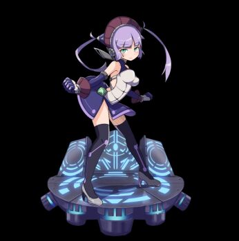 black_background black_thighhighs breasts clenched_hands elbow_gloves full_body gloves green_eyes hat high_heels highres josefa_(merc_storia) large_breasts long_hair merc_storia merc_storia_art_team official_art purple_gloves purple_hair purple_hat purple_skirt robot_ears shirt shoes sidelocks simple_background skirt sleeveless sleeveless_shirt solo standing tachi-e thighhighs thighs twintails underbust white_shoes