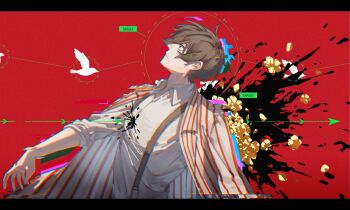 1boy arrow_(symbol) bird black_blood black_eyes black_hair blood closed_mouth coat commentary_request crow's_eye_view_(e.g.o) e.g.o_(project_moon) highres limbus_company long_sleeves looking_up male_focus project_moon pudding_1106 red_background simple_background sleeves_rolled_up solo striped_coat suspenders upper_body white_coat yi_sang_(project_moon)