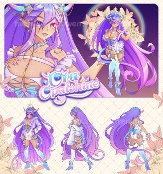 1girl artist_request ass back blue_hair breasts character_name cleavage_cutout clothing_cutout coat dark-skinned_female dark_skin earrings fingernails fiverr flower full_body garter_straps gradient_hair hand_on_own_chest hand_on_own_hip high_heels heterochromia highres horns jewelry large_breasts leaf long_hair model_sheet multicolored_hair multiple_views navel ora_opalshine pointy_ears purple_hair sharp_fingernails smile tail thighhighs turnaround virtual_youtuber watermark