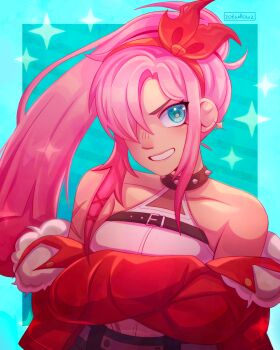 1girl alternate_costume alternate_hairstyle alternate_universe aubrey_(faraway)_(omori) aubrey_(omori) bare_shoulders blue_eyes blush choker collarbone commentary crossed_arms english_commentary hair_ornament hair_over_one_eye hairband highres honkai:_star_rail honkai_(series) long_hair long_sidelocks long_sleeves looking_at_viewer omori open_mouth pink_hair ponytail red_hairband sidelocks smile solo spiked_choker spikes upper_body x_hair_ornament zoewillowz