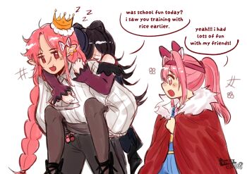 1boy 2girls :d absurdres alternate_costume animal_ears artist_name ascot bare_shoulders black_boots black_dress black_hair black_hat black_pants blue_dress boots braid braided_ponytail brown_sash brown_thighhighs cape carrying collared_shirt commentary crown dress ear_piercing english_commentary english_text exocorpse facing_another flower forehead fur-trimmed_cape fur-trimmed_crown fur_trim hair_between_eyes haru_urara_(umamusume) hat highres horse_ears horse_girl long_hair long_sleeves looking_at_another low_ponytail medium_hair minecraft_youtube multiple_girls open_mouth pants piercing piggyback pink_eyes pink_hair pinstripe_pattern pinstripe_shirt pointy_ears ponytail purple_sleeves red_cape red_eyes rice_shower_(rosy_dreams)_(umamusume) rice_shower_(umamusume) sash_pouch scar scar_on_face scar_on_mouth scar_on_nose shirt signature sketch smile speech_bubble talking technoblade thighhighs umamusume watermark white_ascot white_shirt zzz