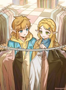 1boy 1girl blonde_hair blue_eyes blue_jacket braid clothes_shop commentary_request contemporary crown_braid green_eyes hair_ornament hood hoodie jacket korean_commentary link manggwi55 nintendo open_mouth pointy_ears princess_zelda shirt shop short_hair sidelocks smile sweater teeth the_legend_of_zelda the_legend_of_zelda:_tears_of_the_kingdom turtleneck turtleneck_sweater upper_teeth_only yellow_hoodie