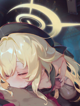 1boy 1girl absurdres blonde_hair blue_archive choker closed_eyes clothes_lift dress dress_lift erection flat_chest girl_on_top halo handjob hetero highres leash lifting_own_clothes loli long_hair navel nipples no_panties open_mouth pantyhose penis pov professor_niyaniya_(blue_archive) smile straddling sucking_male_nipple tongue tongue_out uncensored variant_set villainchin