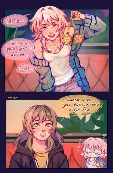 2girls ? ?? black_hoodie blue_cardigan breasts cardigan cleavage commentary earrings english_text grey_hair highres honkai:_star_rail honkai_(series) hood hoodie hypnosis jewelry long_hair march_7th_(honkai:_star_rail) medium_breasts mind_control multiple_girls open_mouth pink_eyes pink_hair pocket_watch shirt smile speech_bubble stelle_(honkai:_star_rail) tank_top trailblazer_(honkai:_star_rail) umilini2 watch white_tank_top yellow_eyes yellow_shirt yuri