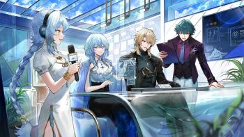 Rule 34 | 2boys, 2girls, black skirt, blonde hair, blue hair, blue jacket, braid, brant (wuthering waves), breasts, buling (wuthering waves), commentary request, dress, holding, holding microphone, jacket, jacket on shoulders, long hair, long skirt, luuk herssen (wuthering waves), microphone, multiple boys, multiple girls, official art, shirt, shorekeeper (wuthering waves), sitting, skirt, small breasts, suzuhi (fullprayer), two side up, white dress, white shirt, wuthering waves