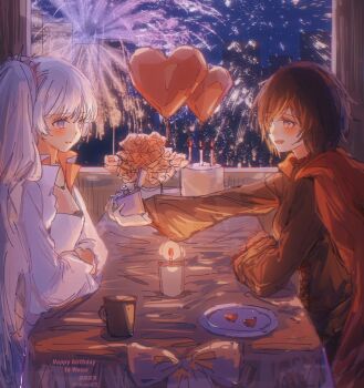 2girls akane031 artist_name balloon blue_eyes blush candle cape dinner dress fireworks gift gradient_hair grey_eyes heart heart_balloon highres long_hair multicolored_hair multiple_girls red_dress red_hair ruby_rose rwby scar scar_across_eye scar_on_face short_hair table weiss_schnee white_dress white_hair yuri