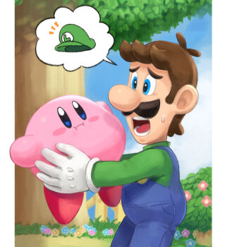 2boys big_nose blue_eyes blue_overalls blue_sky brown_hair bush closed_mouth cloud day facial_hair fence flower gloves green_hat green_shirt hat kirby kirby_(series) long_sleeves luigi male_focus mario_(series) multiple_boys mustache newsboy_cap nintendo no_headwear notice_lines open_mouth outdoors overalls shirt short_hair sky speech_bubble super_smash_bros. teeth tree white_gloves wooden_fence yamari_(ya_mari_6363)