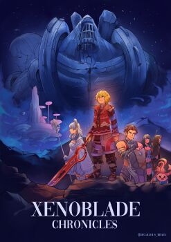 3boys 3girls absurdres ahoge artist_name bare_shoulders black_hair blonde_hair blue_sky breasts brown_hair closed_mouth commentary_request copyright_name curly_hair deliciousbrain dunban_(xenoblade) fiora_(xenoblade) grey_hair head_wings highres holding holding_staff holding_sword holding_weapon in-universe_location large_breasts long_hair looking_up mecha-fiora mechonis melia_antiqua monado multiple_boys multiple_girls navel night night_sky nopon reyn_(xenoblade) riki_(xenoblade) sharla_(xenoblade) sky staff standing star_(sky) sword twitter_username weapon wings xenoblade_chronicles_(series) xenoblade_chronicles_1