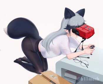 1girl :o animal_ears arm_support beleven bent_over black_hair black_pantyhose book book_stack box breasts cardboard_box controller covered_eyes extra_ears ezo_red_fox_(kemono_friends) fox_ears fox_girl fox_tail full_body game_console game_controller grey_hair highres holding holding_controller holding_game_controller kemono_friends kneeling long_hair medium_breasts multicolored_hair no_pants panties panties_under_pantyhose pantyhose parted_lips playing_games see-through_clothes see-through_shirt see-through_silhouette shirt short_sleeves silver_fox_(kemono_friends) solo tail twitter_username two-tone_hair underwear unworn_eyewear very_long_hair virtual_boy