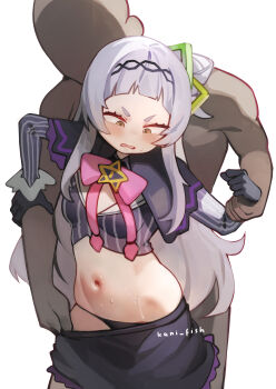 1boy 1girl arched_bangs artist_name black_gloves black_panties black_skirt blush bow bowtie breasts capelet clothes_pull cropped_shirt faceless faceless_male gloves hair_bun hair_ornament hairband hetero highres hololive kani_fish long_hair long_sleeves looking_down midriff murasaki_shion murasaki_shion_(1st_costume) navel panties pink_bow pink_bowtie pinstripe_pattern pinstripe_shirt purple_capelet shirt short_eyebrows simple_background single_side_bun skirt skirt_pull small_breasts stomach striped_clothes striped_shirt sweat underwear v-shaped_eyebrows vertical-striped_clothes vertical-striped_shirt virtual_youtuber white_background white_hair yellow_eyes