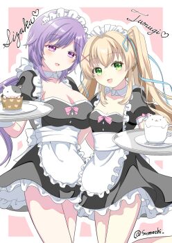 :d alternate_costume apron back_bow black_dress blonde_hair blue_ribbon blush border bow breasts character_name cleavage commentary_request cowboy_shot cup dress dress_bow enmaided frilled_apron frills green_eyes hair_between_eyes hair_intakes hair_ornament hair_ribbon hand_up happy heart highres holding holding_tray large_breasts long_hair long_ribbon looking_at_viewer low_ponytail lying maid maid_apron maid_headdress mizuori_shizuku on_back open_mouth outline pink_background pink_bow ponytail puffy_short_sleeves puffy_sleeves purple_eyes purple_hair ribbon short_sleeves simple_background sleeve_bow small_breasts smile sumechi summer_pockets tareme teacup tray tsumugi_wenders twintails twitter_username very_long_hair white_apron white_border white_bow white_outline x_hair_ornament