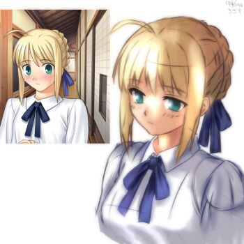 1girl ahoge artoria_pendragon_(fate) blonde_hair blush braid braided_base braided_bun bun_with_braided_base fate/stay_night fate_(series) gigiiproject green_eyes hair_bun highres reference_sheet saber_(fate) solo upper_body