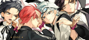 Rule 34 | 4boys, back, black eyes, black hair, black jacket, black ribbon, black wings, blue eyes, blush, bound, bound wrists, character name, closed mouth, copyright name, demon boy, demon wings, dress shirt, eyebrows, eyewear on head, facial mark, formal clothes, frown, grey-framed eyewear, hand on another's head, jacket, japanese clothes, juumonji tsubasa, kain (kyoukai no rinne), kyoukai no rinne, long sleeves, looking at another, looking at viewer, looking to the side, lying, male focus, masato (kyoukai no rinne), multiple boys, mumu2126, neck ribbon, on back, on side, parted lips, pink ribbon, profile, purple eyes, red hair, restrained, ribbon, rokudou rinne, shirt, slit pupils, suit, sweat, swept bangs, tied up, track jacket, white hair, white shirt, wings