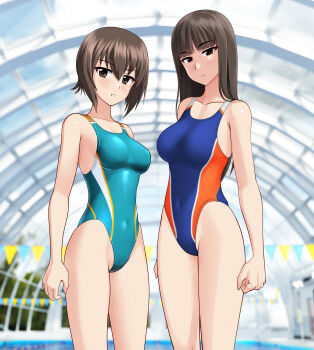 2girls absurdres aqua_one-piece_swimsuit black_eyes blue_one-piece_swimsuit blunt_bangs breasts brown_eyes brown_hair commentary_request competition_swimsuit covered_navel cowboy_shot girls_und_panzer glass_ceiling highleg highleg_one-piece_swimsuit highres indoors large_variant_set long_hair mature_female medium_breasts mother_and_daughter multicolored_swimsuit multiple_girls nishizumi_maho nishizumi_shiho one-piece_swimsuit pool short_hair string_of_flags swimsuit takafumi variant_set