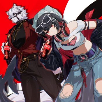1boy 1girl animal_ears black_hair black_jacket black_pants bottle breasts closed_mouth coca-cola commentary_request crop_top denim ellen_joe eyewear_on_head fins fish_tail furry furry_male gloves guest_art headphones headphones_around_neck highres holding holding_bottle jacket jewelry leaning_forward looking_at_viewer midriff mm_(motot) necklace off_shoulder open_clothes pants red_eyes shark_girl shark_tail short_hair simple_background soda_bottle sunglasses tail torn_clothes von_lycaon white_hair wolf_boy wolf_ears wolf_tail zenless_zone_zero