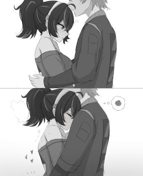 1boy 1girl absurdres blush greyscale hairband heart highres jacket long_hair long_sleeves monochrome multicolored_hair namikare off_shoulder ponytail speech_bubble streaked_hair thought_bubble tomato upper_body wise_(zenless_zone_zero) zenless_zone_zero zhu_yuan