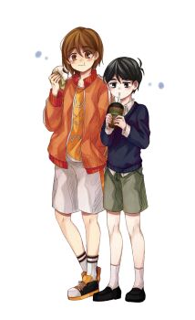 Rule 34 | 2boys, absurdres, alternate costume, alternate eye color, antenna hair, black hair, black shoes, black sweater, blush, brown eyes, brown hair, brown shorts, chinese commentary, closed mouth, collared shirt, commentary request, cup, disposable cup, drinking straw, drinking straw in mouth, food, hair between eyes, highres, holding, holding cup, holding food, jacket, kel (faraway) (omori), kel (omori), linglanjunying, long sleeves, looking at another, male focus, multiple boys, omori, orange jacket, shirt, shirt under sweater, shoes, short hair, shorts, simple background, smile, socks, sunny (omori), sweater, white background, white shirt, white shorts, white socks