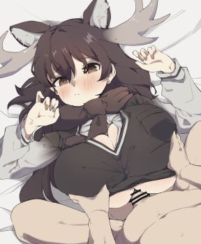 1boy 1girl animal_ears antlers bar_censor black_shirt blush breasts brown_eyes brown_hair brown_scarf censored closed_mouth clothed_female_nude_male commentary_request grabbing_another's_breast groping hetero highres horns huge_breasts kemono_friends lying moose_(kemono_friends) moose_antlers moose_ears moose_girl nude on_back paizuri penis scarf shirt solo solo_focus spy_(user_jxcc8553)