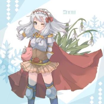 Rule 34 | 1girl, armor, belt, black belt, black thighhighs, boobplate, breastplate, brown skirt, cape, closed mouth, commentary request, cowboy shot, creature, cross of prontera, flower, frilled hairband, frills, grey eyes, grey hair, hairband, holding, holding creature, kawachi (hina), long hair, looking at viewer, lord knight (ragnarok online), lowres, miniskirt, one eye closed, pauldrons, poring, ragnarok online, red cape, red hairband, shoulder armor, skirt, slime (creature), smile, snowflakes, solo, thighhighs, white background, white flower