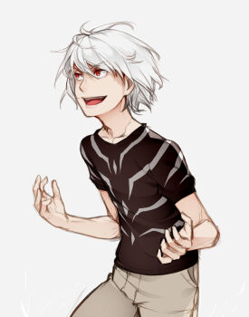 &gt;:) 1boy :d accelerator_(toaru_majutsu_no_index) albino bare_shoulders black_shirt collarbone commentary cowboy_shot diagonal-striped_clothes diagonal-striped_shirt english_commentary evil_smile facing_to_the_side grey_pants hair_between_eyes hands_up highres long_bangs male_focus messy_hair open_mouth pants red_eyes shirt short_hair short_sleeves simple_background smile solo standing striped_clothes striped_shirt teeth toaru_majutsu_no_index tongue two-tone_shirt upper_teeth_only v-shaped_eyebrows vilatile white_background white_hair
