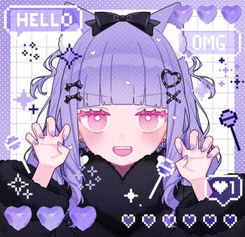 1girl :d animal_ear_fluff animal_ears black_bow black_shirt blunt_bangs blush border bow cat_ears cat_girl cat_tail claw_pose commentary commission fangs grid_background hair_bow hands_up long_hair long_sleeves looking_at_viewer nail_polish open_mouth original outside_border pink_eyes portrait purple_border purple_hair purple_nails re_eva shirt skeb_commission smile solo symbol-only_commentary tail teeth two_side_up upper_teeth_only white_background