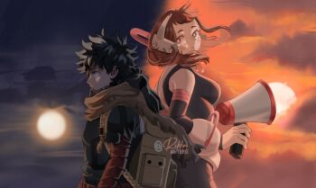 angst bad_source black_sky bnhafanart couple dekucha dreamyart english_text ethereal highres izuocha mhafanart midoriya_izuku rikka_(qgirl_26) sky sunset torn_clothes uraraka_ochako