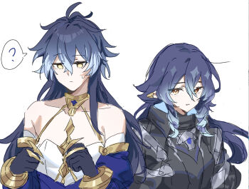 1boy 1girl antenna_hair bare_shoulders black_coat blue_hair chinese_commentary closed_mouth coat collarbone collared_coat cosplay costume_switch crossdressing crossdressing_(ftm) crossdressing_(mtf) curly_hair detached_sleeves dress elf flins_(genshin_impact) flins_(genshin_impact)_(cosplay) bad_tag genshin_impact gradient_hair hair_between_eyes high_collar layla_(genshin_impact) layla_(genshin_impact)_(cosplay) long_hair long_sleeves looking_down mengaijiang924 multicolored_hair no_pupils orange_eyes parted_lips pointy_ears shade simple_background standing sweatdrop upper_body white_background yellow_eyes