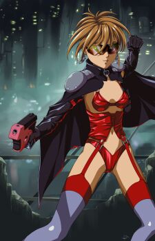 1girl absurdres armitage_iii belt_collar black_capelet black_gloves blonde_hair capelet chain chain_earrings collar earrings elbow_gloves garter_straps gloves gun handgun highleg highleg_panties highres holding holding_gun holding_weapon jewelry looking_at_viewer mystic_violence naomi_armitage navel panties red_panties short_hair solo sunglasses thighhighs underwear weapon