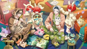 2boys 3girls animal animal_ear_hairband animal_ear_hood animal_ears antenna_hair black_hairband blue_eyes bubbles_(honkai:_star_rail) caelus_(honkai:_star_rail) cardigan chair chimera_(honkai:_star_rail) clenched_hands closed_mouth commentary_request couch fake_animal_ears fake_tail fur_trim green_pajamas grey_hair grin hair_over_one_eye hairband hand_on_another&#039;s_head hand_puppet hinatsu holding holding_animal honkai:_star_rail honkai_(series) hood hoyofair indoors long_sleeves multiple_boys multiple_girls on_floor open_cardigan open_clothes open_mouth pajamas phainon_(honkai:_star_rail) pink_cardigan pointy_ears print_pajamas puppet raccoon_costume red_hair short_hair shorts sitting slippers smile standing tail toy_car trailblazer_(honkai:_star_rail) trianne_(honkai:_star_rail) tribbie_(honkai:_star_rail) trinnon_(honkai:_star_rail) triplets white_hairband yellow_eyes