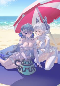 2girls bare_shoulders beach bikini blue_eyes breasts cleavage demon_girl demon_horns drill_hair duel_monster earrings fins grey_eyes grey_hair head_fins highres horns jewelry kitkallos_(yu-gi-oh!) large_breasts long_hair lovely_labrynth_of_the_silver_castle multiple_girls ocean one-piece_swimsuit parasol pointy_ears rare_lemon sand swimsuit tearlaments_kitkallos tiara twin_drills umbrella white_bikini white_one-piece_swimsuit yu-gi-oh! yuri