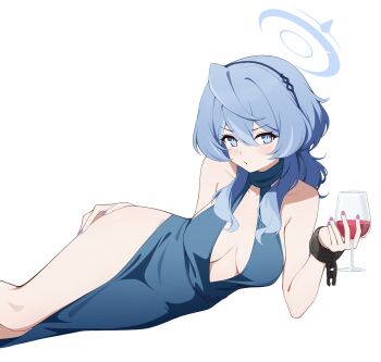 1girl ako_(blue_archive) ako_(dress)_(blue_archive) blue_archive blue_dress blue_hair blue_halo blue_nails breasts breasts_apart commentary_request cuffs cup dress evening_gown halo hand_on_own_hip highres holding holding_cup krrk looking_at_viewer lying official_alternate_costume on_side plunging_neckline shackles sideless_dress sideless_outfit single_handcuff sleeveless sleeveless_dress solo white_background