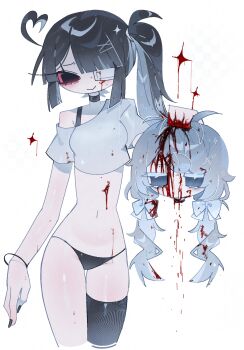 1018sus 2girls absurdres antenna_hair arm_at_side bare_arms black_choker black_eyes black_hair black_nails black_panties black_thighhighs blood blood_in_hair blood_on_clothes blood_on_face blood_on_hand blood_on_stomach blue_eyes blunt_bangs bow bra_strap bracelet breasts checkered_background choker closed_mouth colored_eyelashes cowlick crop_top cropped_legs cropped_shirt decapitation empty_eyes expressionless eyepatch eyes_visible_through_hair fake_transparency fewer_digits grey_hair guro hair_bow hand_up heart_cowlick high_side_ponytail highres inverted_eyelashes jewelry jitome long_hair looking_at_viewer low_twintails medical_eyepatch multiple_girls nail_polish narrow_waist navel no_nose no_pupils one_eye_covered original panties raised_inner_eyebrows shirt side_ponytail simple_background single_bare_shoulder single_off_shoulder single_thighhigh skindentation small_breasts smile solo_focus sparkle stomach straight-on swept_bangs thigh_gap thighhighs twintails underwear white_background white_bow white_eyelashes white_shirt