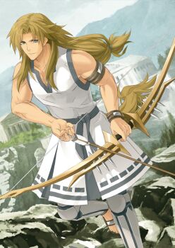 Rule 34 | 1boy, armband, arrow (projectile), bare shoulders, blonde hair, blue eyes, blue sash, bow (weapon), chiron (fate), closed mouth, collarbone, curtained hair, dutch angle, fate/grand order, fate (series), foot out of frame, hair tie, holding, holding arrow, holding bow (weapon), holding weapon, horse boy, horse tail, konoe ototsugu, leg armor, leg up, long hair, looking at viewer, low-tied long hair, male focus, no socks, official art, pectoral cleavage, pectorals, sandals, sash, sleeveless, smile, solo, tail, third-party source, toes, toned, toned male, tunic, v-shaped eyebrows, variant set, weapon, white tunic, wristband