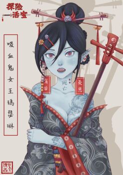 Rule 34 | 1girl, adapted costume, adventure time, bare shoulders, bite mark, bite mark on neck, black hair, braid, breasts, colored skin, commentary request, dragon tattoo, drop shadow, earrings, fangs, grey kimono, grey skin, hair between eyes, hair bun, hair ornament, hair stick, hairclip, highres, instrument, japanese clothes, jewelry, kimono, large breasts, marceline abadeer, open mouth, pinguingurun14, pointy ears, red pupils, shamisen, shoulder tattoo, single hair bun, solo, tattoo, translation request