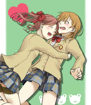 Rule 34 | 2girls, :d, blazer, blush, bow, bowtie, brown eyes, brown hair, brown jacket, buttons, collared shirt, commentary, cowboy shot, emblem, feet out of frame, gekota, green background, hair bow, heart, highres, hug, jacket, long hair, long sleeves, medium hair, miniskirt, misaka mikoto, multiple girls, needle, negiko123123, open mouth, plaid clothes, plaid skirt, pleated skirt, red bow, red bowtie, school emblem, school uniform, shirai kuroko, shirt, skirt, smile, sweatdrop, teeth, thigh strap, throwing needles, toaru kagaku no railgun, toaru majutsu no index, tokiwadai school uniform, twintails, upper teeth only, white shirt, winter uniform