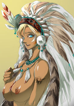 Rule 34 | 1girl, aqua eyes, bad id, bad pixiv id, blonde hair, blue eyes, breasts, cowboy western, dark-skinned female, dark skin, earrings, feathers, female focus, headdress, hyakkimaru, hyakkimaru (100mani), jewelry, large breasts, looking at viewer, native american, native american headdress, necklace, nipples, nude, original, shiny skin, short hair, solo, squaw, tattoo, upper body, warbonnet