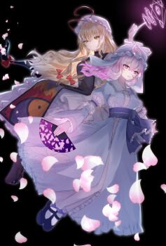2girls absurdres blonde_hair blue_hat blue_kimono blue_shoes bow breasts center_frills cherry_blossoms commentary contrast_collar dark_background dress falling_petals floating_hair frilled_hat frilled_sailor_collar frills gap_(touhou) hair_between_eyes hair_bow hand_fan hat highres holding holding_fan japanese_clothes kimono light_smile long_hair long_sleeves looking_ahead looking_at_viewer magic_circle maou_micaela_(artist) mary_janes medium_breasts medium_hair mob_cap multiple_girls obi petals pink_hair purple_tabard red_bow saigyouji_yuyuko sailor_collar sash shoes straight_hair tabard touhou triangular_headpiece very_long_hair white_dress white_hat white_sailor_collar yakumo_yukari