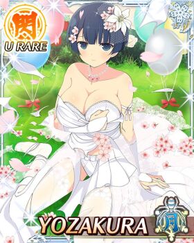 1girl balloon blue_eyes blue_hair border bowl_cut breast_press breasts bridal_gauntlets bride card_(medium) character_name cleavage closed_mouth day dress flower game_cg hair_flower hair_ornament jewelry large_breasts light_frown necklace official_art outdoors panties pearl_necklace senran_kagura senran_kagura_new_wave short_hair sitting solo strapless strapless_dress third-party_source torn_clothes torn_dress underwear wariza wedding_dress white_background white_dress white_panties yozakura_(senran_kagura)
