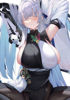 1girl armpits arms_up blue_eyes blush breasts commentary goddess_of_victory:_nikke highres huge_breasts kazuha_(saku_kn) long_hair looking_at_viewer mechanical_arms mole mole_on_breast mole_under_eye nayuta_(nikke) parted_lips sideboob simple_background single_mechanical_arm solo sweat white_background white_hair