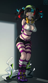 1girl artist_name ball_gag bdsm bikini black_hair black_shorts blue_hair bondage bound breasts cad_(caddo) fate/grand_order fate_(series) gag green_eyes green_hat hat headphones headphones_around_neck highres jacket looking_back multiple_girls purple_shoes red_hair sei_shounagon_(fate) sei_shounagon_(swimsuit_berserker)_(first_ascension)_(fate) sex_toy shibari shoes shorts solo sweat swimsuit twintails unworn_jacket vibrator